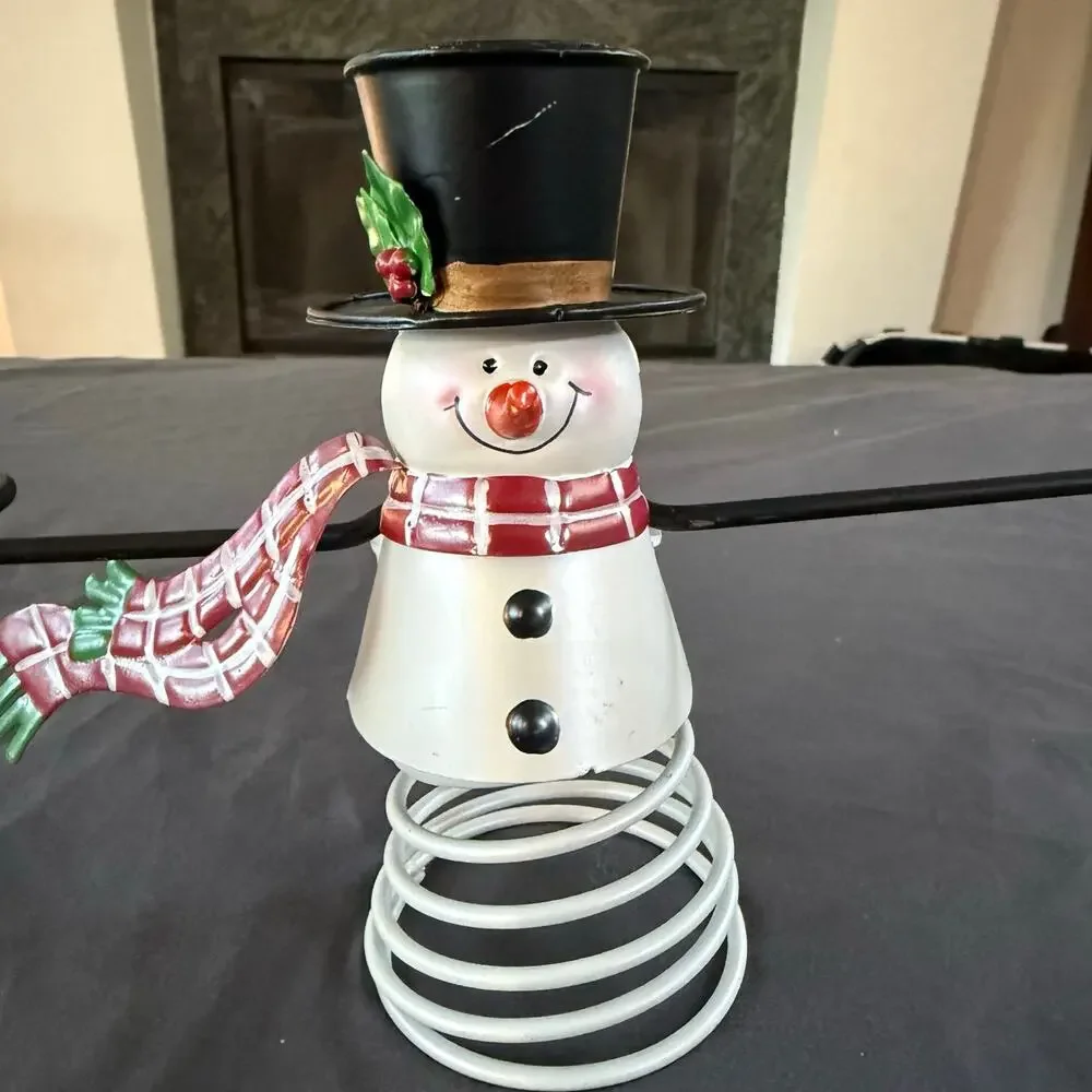Snowman Christmas Tree Topper Metal Wire Spiral Base Top Hat Scarf Holiday Decor